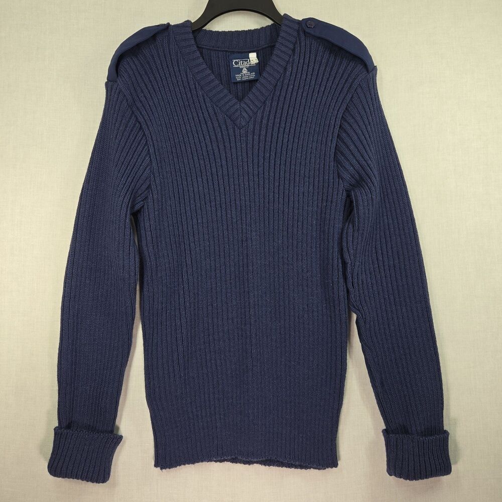 Citadel British Commando Sweater Navy Wool Men Small Medium Elbow Patch Military